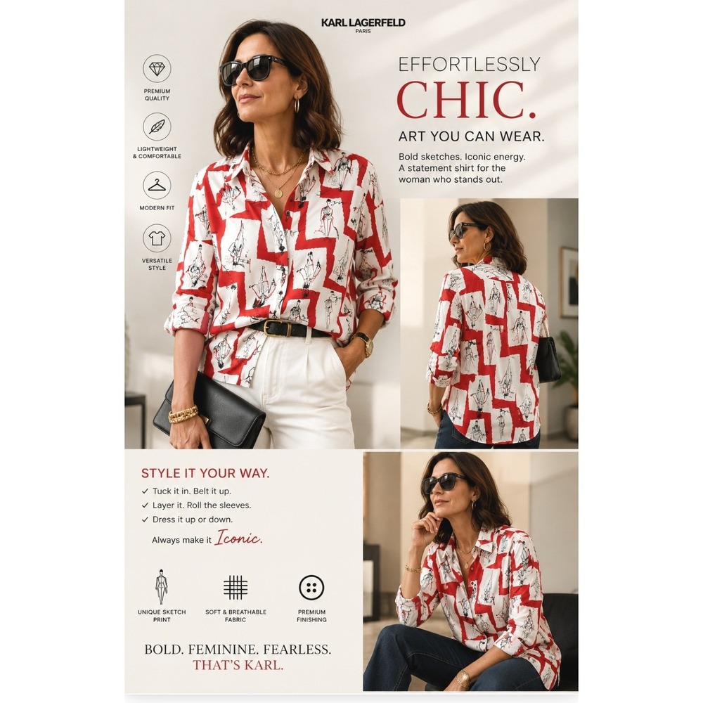 NEW Karl Lagerfeld Paris Fashion Sketch Print Shirt sz S Pop art Parisian Chic